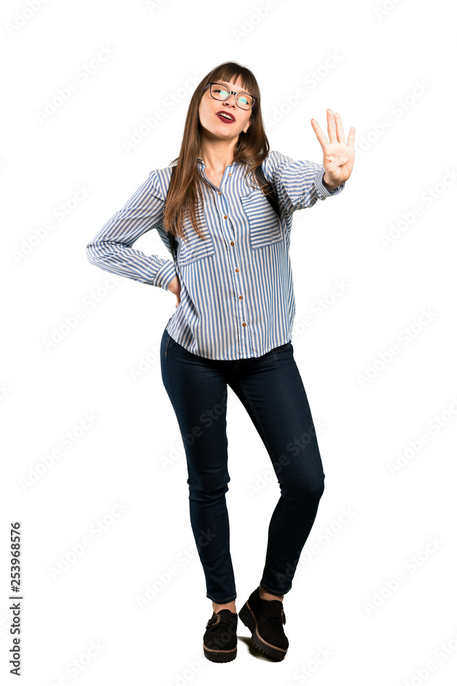 Full-length shot of Woman with glasses happy and counting four with fingers Full-length shot of Woman with glasses happy and counting four with fingers