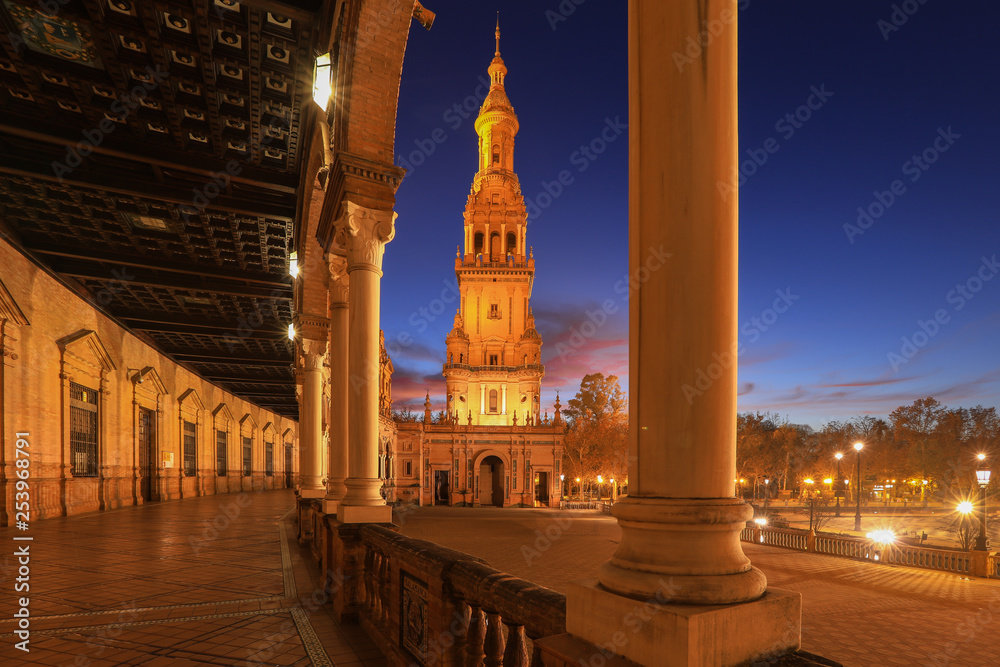 Spain Square or Plaza de Espana in Seville during evening blue hour, Andalusia, Spain