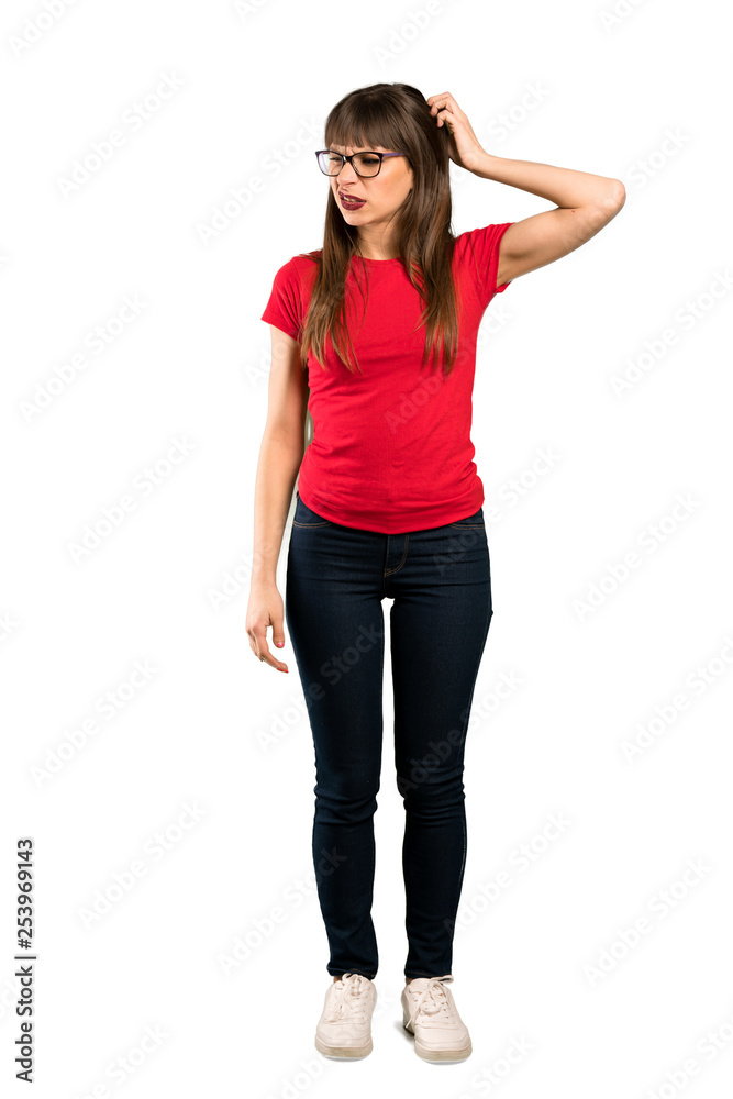 Full-length shot of Woman with glasses frustrated and takes hands on head Full-length shot of Woman with glasses frustrated and takes hands on head