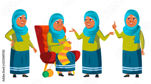 Arab, Muslim Old Woman Poses Set Vector. Elderly People. Senior Person. Aged. Cheerful Grandparent. Presentation, Invitation, Card Design. Isolated Cartoon Illustration