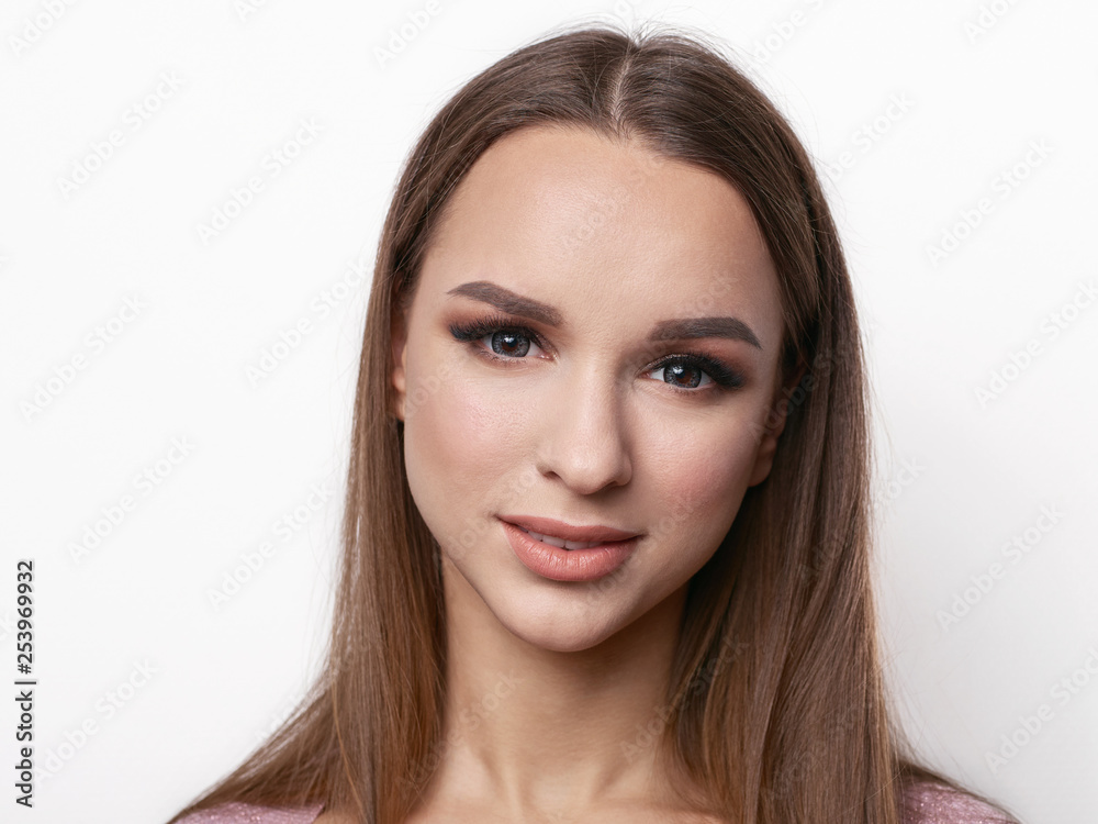 Portrait of beautiful elegant girl with blond hair, trendy styling, beautiful makeup, glossy, smooth skin posing for makeup artist social network portfolio Portrait of beautiful elegant girl with blond hair, trendy styling, beautiful makeup, glossy, smooth skin posing for makeup artist social network portfolio