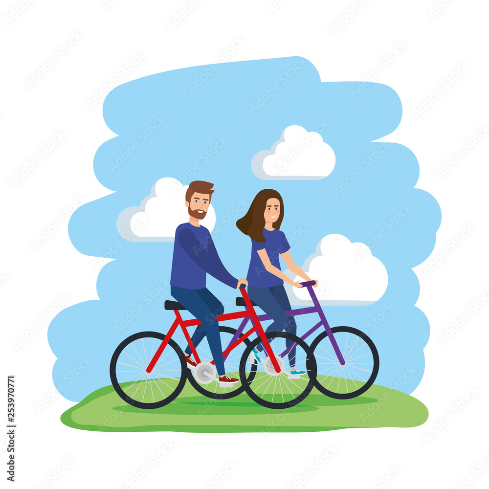 young couple in bicycles avatars characters young couple in bicycles avatars characters