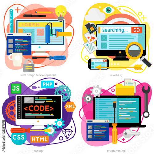 Programming and coding, scripting and website development, analytics and SEO concepts. Horizontal banners
