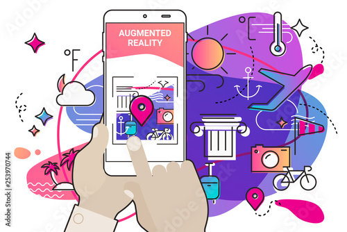 Augmented reality mobile app concept, for travelling navigation and outdoor activity, mobile geolocation and augmented reality content