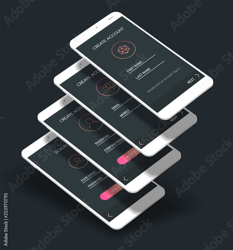 Trendy 3d responsive mobile UI templates of login and registration mobile app template on light backgrounds