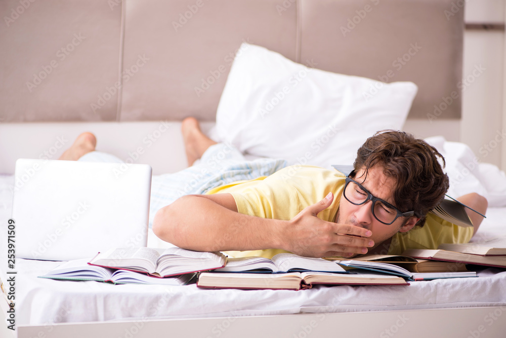 Young student studying in bed for exams Young student studying in bed for exams