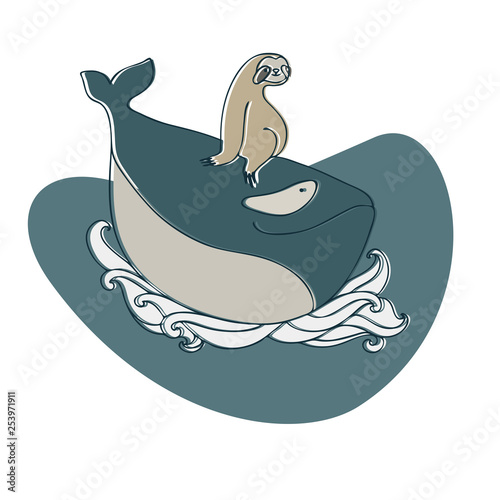Lenivitz and the whale. Vector design with stylized animals. Can be used for printing on paper, stickers, badges, bijouterie, stickers and t-shirts.