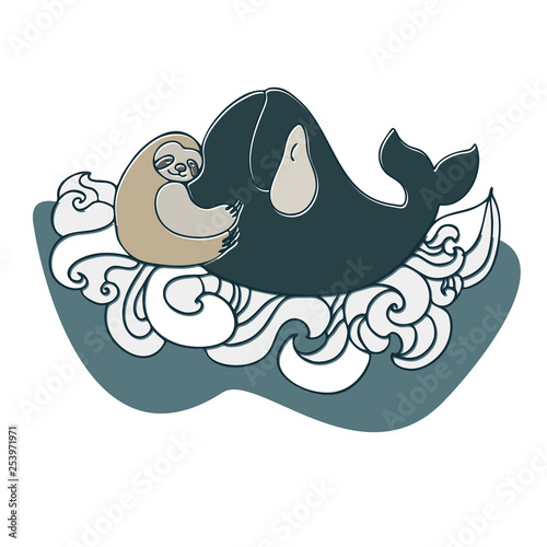 Lenivitz and the whale. Vector design with stylized animals. Can be used for printing on paper, stickers, badges, bijouterie, stickers and t-shirts.
