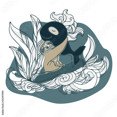 Lenivitz and the whale. Vector design with stylized animals. Can be used for printing on paper, stickers, badges, bijouterie, stickers and t-shirts.
