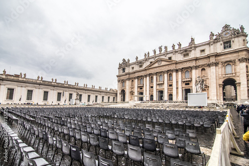 VATICAN CITY - November, 2018: St. Peter's square in front of world's largest church. Papal Basilica of St. Peter's a grandiose elliptical esplanade created in the mid seventeenth century.