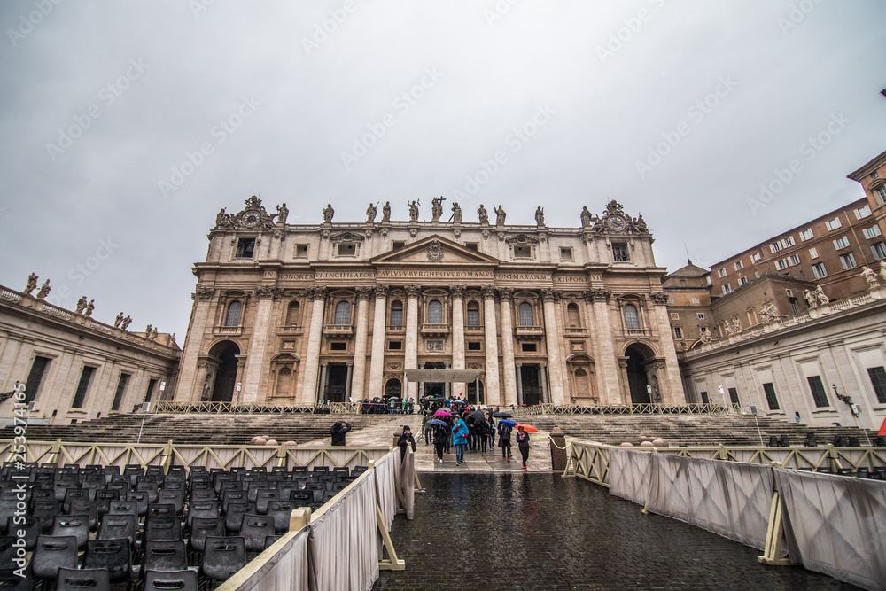 VATICAN CITY - November, 2018: St. Peter's square in front of world's largest church. Papal Basilica of St. Peter's a grandiose elliptical esplanade created in the mid seventeenth century.