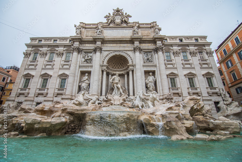 Trevi Fountain in the morning light in Rome, Italy. Trevi is most famous fountain of Rome. Architecture and landmark of Rome.