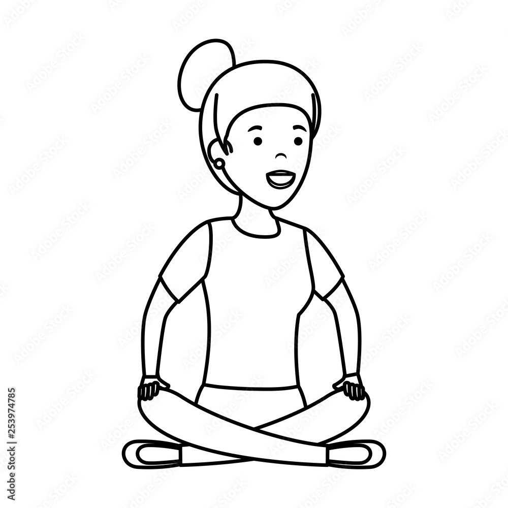 young woman in lotus position with store building young woman in lotus position with store building