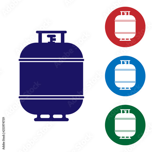 Blue Propane gas tank icon isolated on white background. Flammable gas tank icon. Set color icon in circle buttons. Vector Illustration