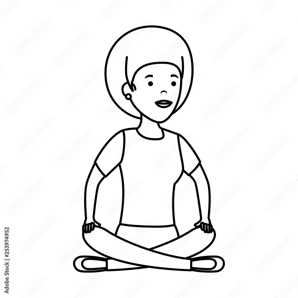 young woman in lotus position with store building