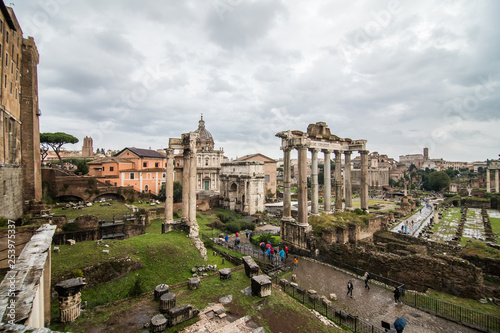 Rome, Italy - November, 2018: Roman Forum in Rome, Italy, It is one of the main tourist attractions of Rome. Ancient architecture and cityscape of historical Rome.