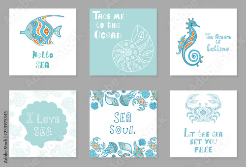 A set of cards on the marine theme. Colorful posters with sea creatures and inscriptions in ethnic style. Hand-drawn vector illustration