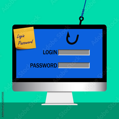 Vector illustration of IT security breach, vulnerability educational concept. Sticky note with password on computer screen. Phising and hacking concept.