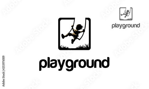 Playground Vector Logo Illustration. Iconic logo design of child silhouette sitting on swing.