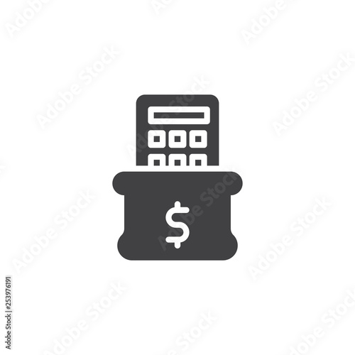 Money bag and calculator vector icon. filled flat sign for mobile concept and web design. money counting glyph icon. Financial statements symbol, logo illustration. Pixel perfect vector