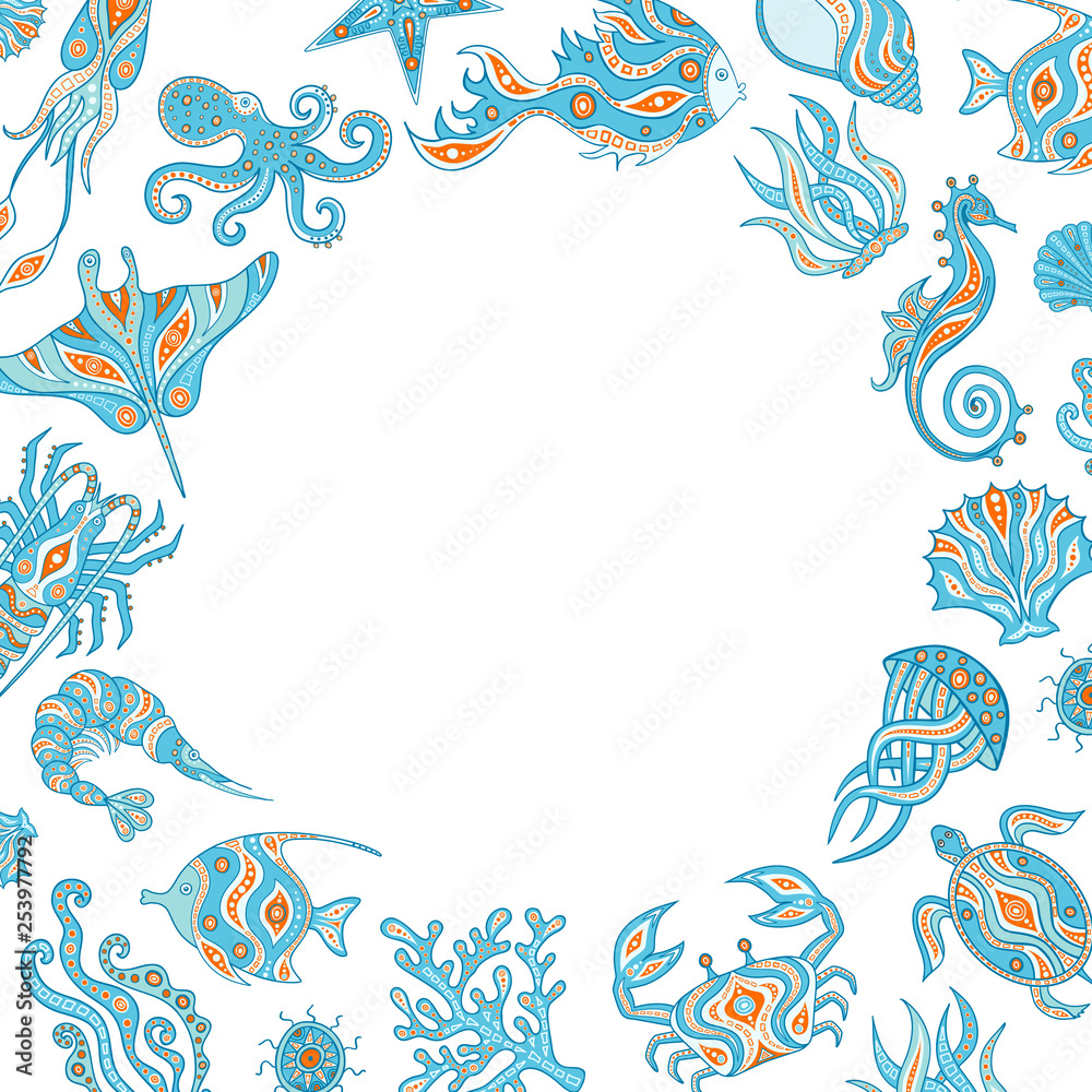 Frame on the marine theme with hand-drawn sea creatures. Vector border.