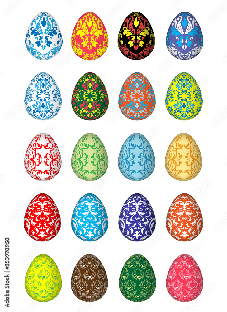 Twenty colorful Easter eggs, five unique patterns.Isolated on a white background.