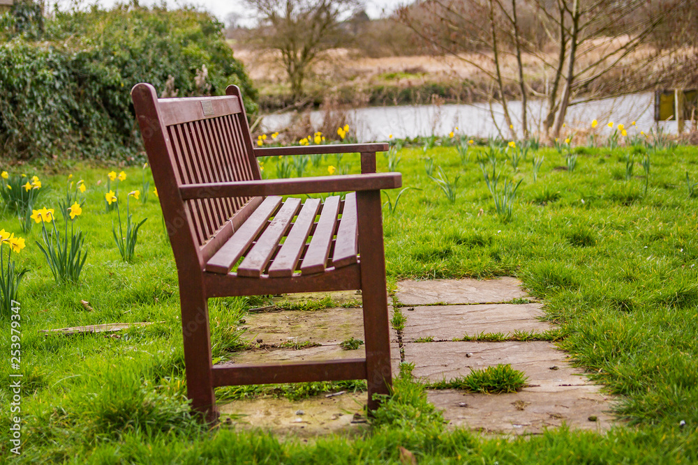 Wooden bench by the river in the rural countryside of Norfolk