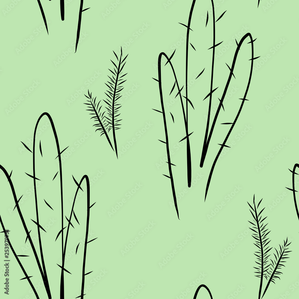 Obraz premium Tropical seamless pattern with cactus on light green background, digital drawing