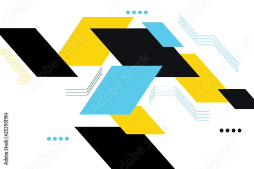 Seamless, abstract background pattern made with parallelogram, circle shapes and lines in colorful, positive technology abstraction. Modern, geometric and technological vector art. photo