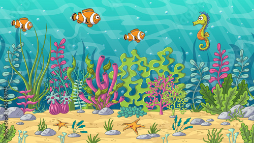 Cartoon underwater landscape. Seamless illustration with separate layers. © GabiWolf
