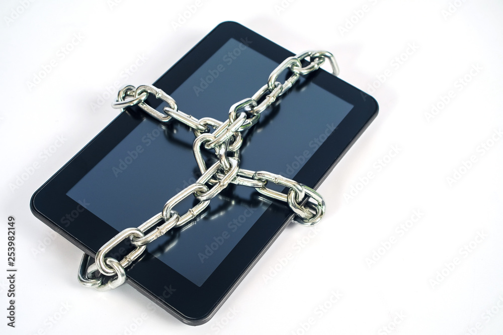 chain lock around mobile tablet for security. chain lock around mobile tablet for security.