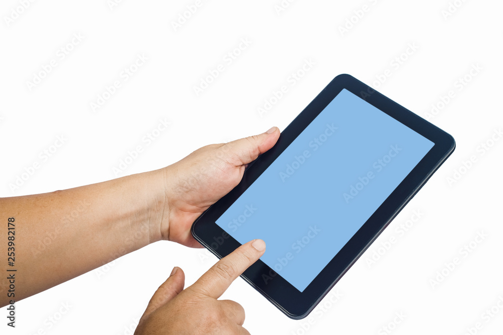 Hand hold a tablet and touch screen isolated on white background Hand hold a tablet and touch screen isolated on white background