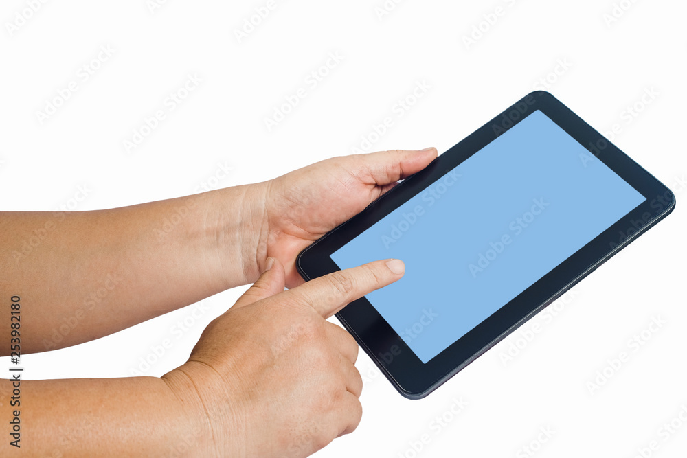 Hand hold a tablet and touch screen isolated on white background Hand hold a tablet and touch screen isolated on white background