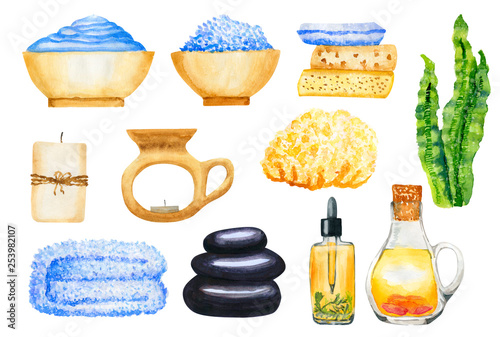 Hand drawn watercolor SPA set isolated on white background