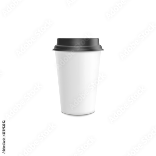 Coffee paper or plastic cup mockup in 3d realistic vector illustration.