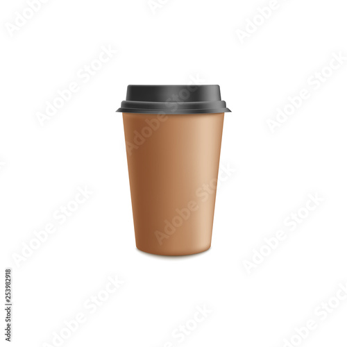 Brown craft paper coffee to go mockup in 3d realistic vector illustration.