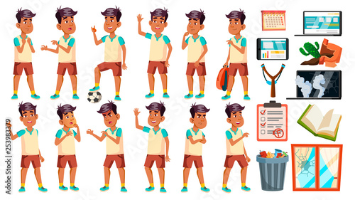 Arab, Muslim Boy Schoolboy Kid Poses Set Vector. High School Child. School Student. Athlete, Football Player. For Banner, Flyer, Web Design. Isolated Cartoon Illustration