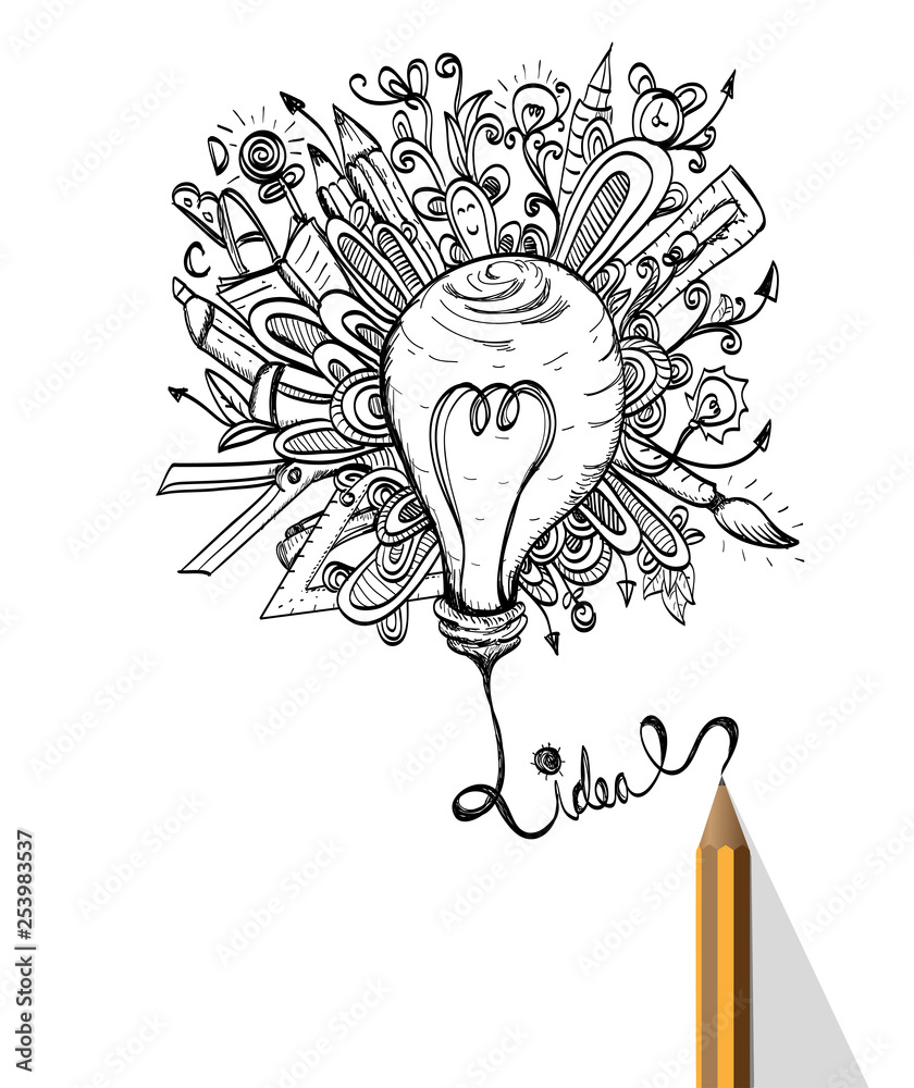 Pencil drawing light bulb with creative ideas concept vector Stock ...