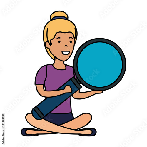 young woman in lotus position with magnifying glass