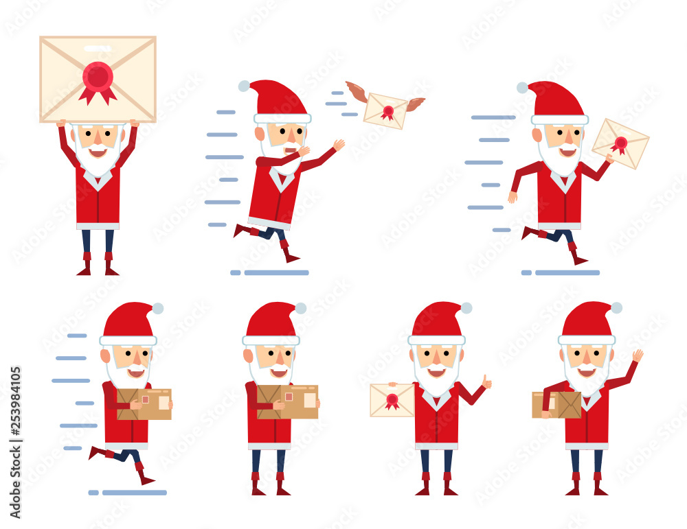 Fototapeta premium Set of Santa Claus characters posing with letter and parcel in different situations. Funny Santa holding letter, parcel box, running and showing other actions. Flat style vector illustration