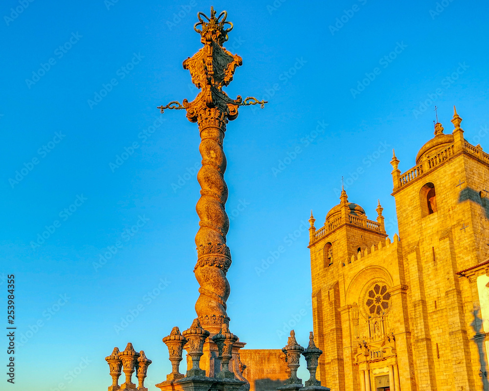Pillory column (Pelourinho) on the Porto Cathedral (Se do Porto) square in historical center of Porto, Portugal