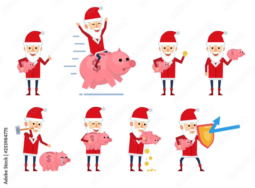 Set of Santa Claus characters posing with piggy bank in different situations. Funny Santa riding giant piggy bank, saving money and showing other actions. Flat style vector illustration Set of Santa Claus characters posing with piggy bank in different situations. Funny Santa riding giant piggy bank, saving money and showing other actions. Flat style vector illustration