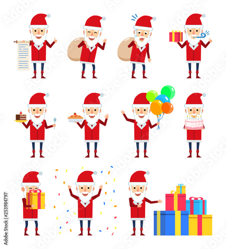 Set of Santa Claus characters showing different actions. Funny Santa holding scroll, gift box, big bag, balloons, cake and showing other actions. Flat design vector illustration