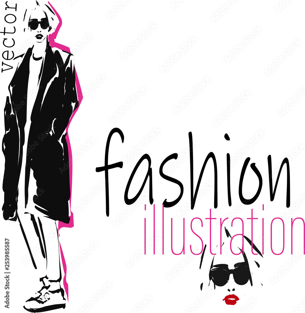 Sketch of young stylish woman in coat and sunglasses. Hand-drawn fashion illustration. Vector Sketch of young stylish woman in coat and sunglasses. Hand-drawn fashion illustration. Vector