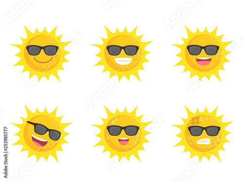 Sun wearing eyes glasses collection icon sign set summer concept, Suns flat symbol, object on a white background, Vector illustration, cartoon vector in flat design.