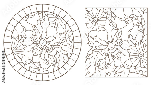 A set of contour illustrations of stained glass Windows with bees and  flowers, round and rectangular images