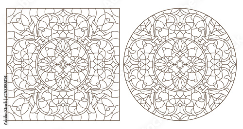 Set of contour illustrations with abstract floral patterns, round and square image, dark contours on white background