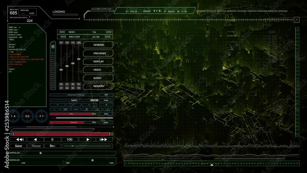 Fly In Panel User Interface Video „User Interface fly over Night City. HUD template.Black and white ...