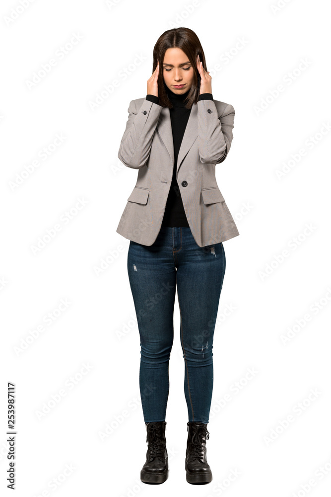 A full-length shot of a Young business woman with headache over isolated white background A full-length shot of a Young business woman with headache over isolated white background