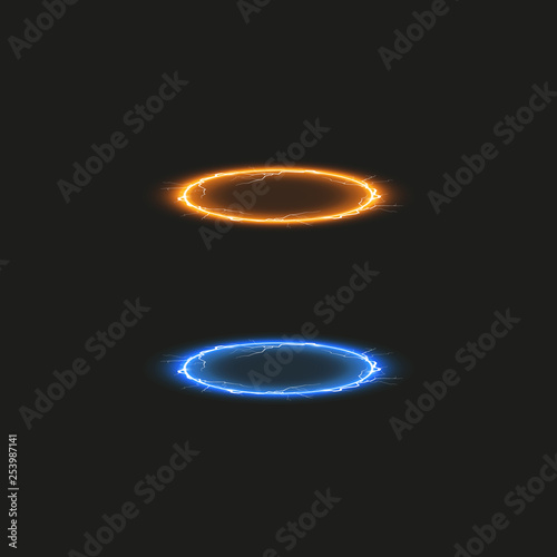 Magic fantasy portal. Futuristic teleport. Light effect. Blue and yellow candles rays of a night scene with sparks on a transparent background. Empty light effect of the podium. Disco club dancefloor